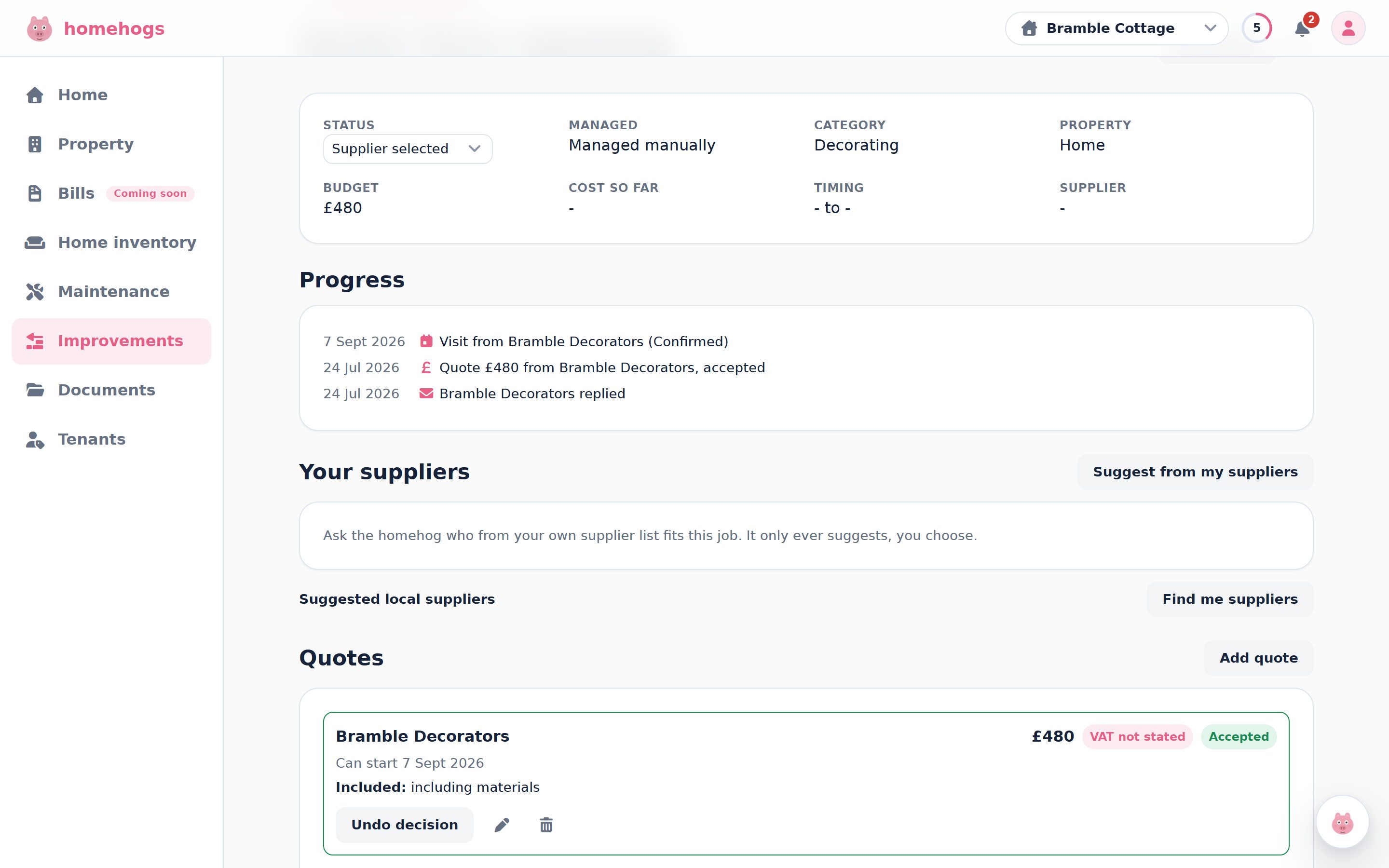 A project: messages, quotes and progress together