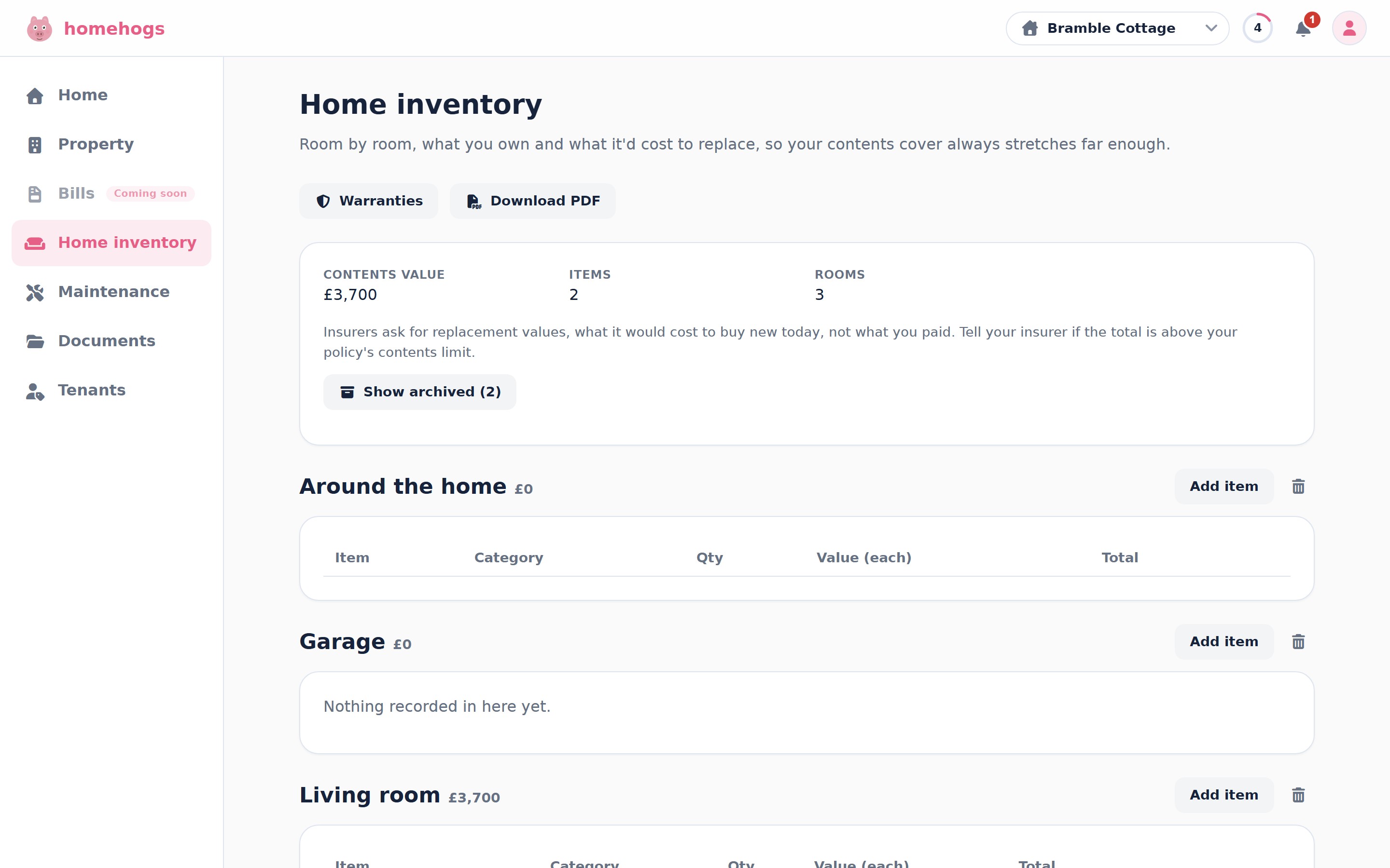 The home inventory, room by room